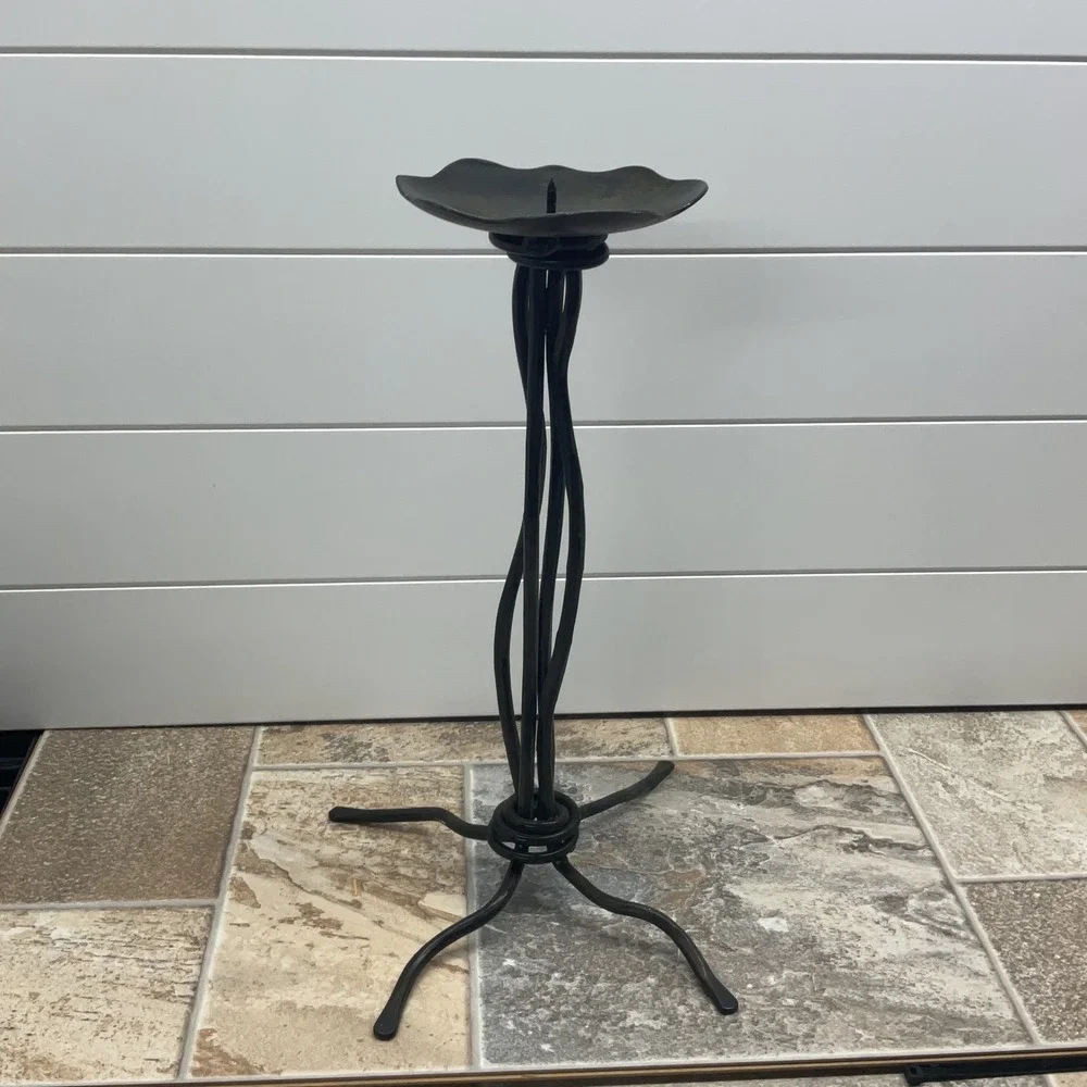 Hand Forged Wrought Iron Twisted Stem Floor Candle Holder Spike Stand 16 Inch